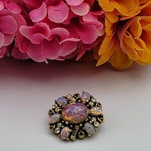 Vintage Hollycraft Pink Fire Opal And Crystal Brooch Gold Tone 23.7mm